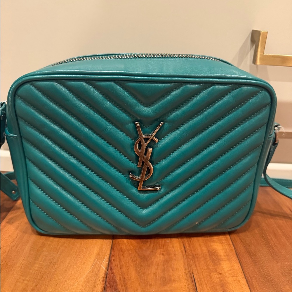 Saint Laurent Teal Quilted Chevron Camera Crossbody- vintage color